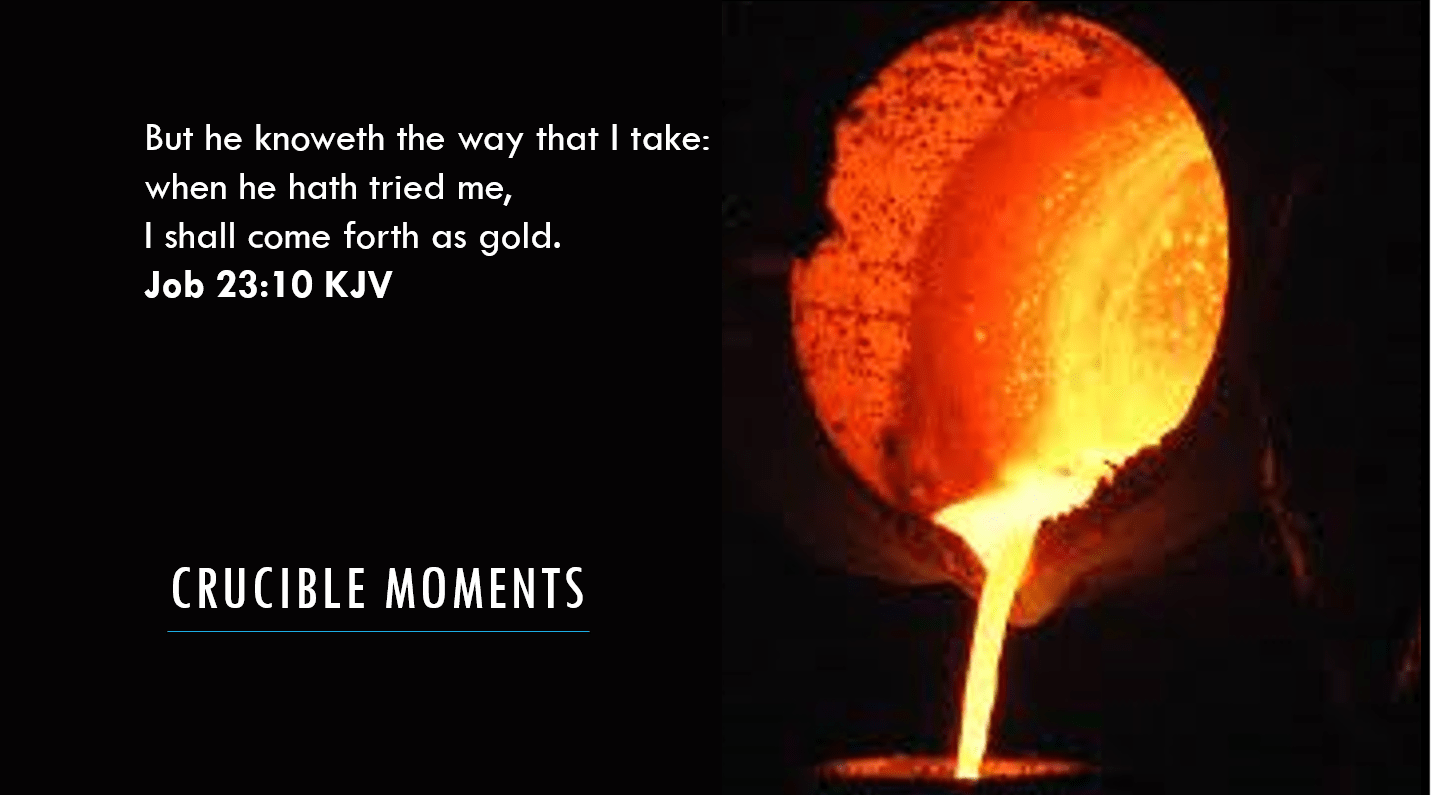 Title Slide from Crucible_Moments_Speaking_presentation_red_hot_ crucible_tipped pouring out gold into a mould_ Job_23:10